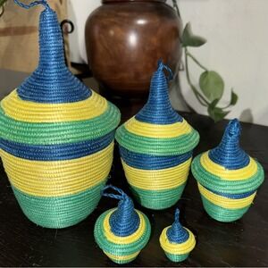 Set of 5 Nesting Baskets Blue Yellow‎ and Green